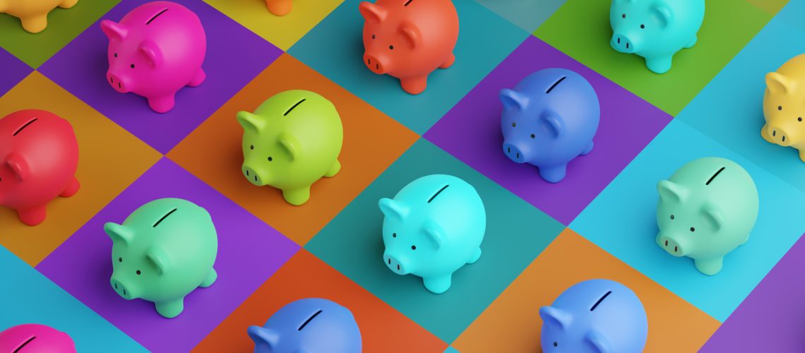 Array of piggy banks in saturated colours on high colour contrast background. Illustration of the concept of bank savings, financial investment and multiple sources of income