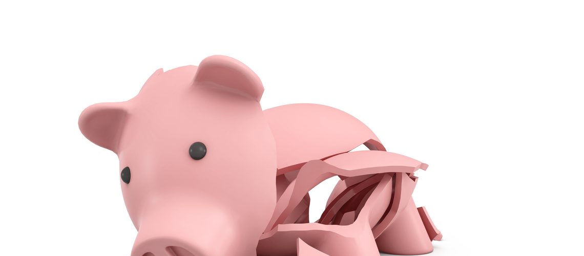 3d rendering of a pink ceramic piggy bank completely broken up into several large pieces. Saving money. Bank insurance. Loss of investment.